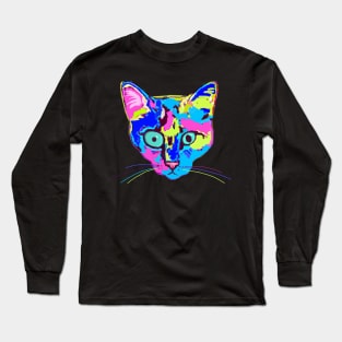 Psychedelic Rainbow-colored Weirdo Floating Cat Head Long Sleeve T-Shirt